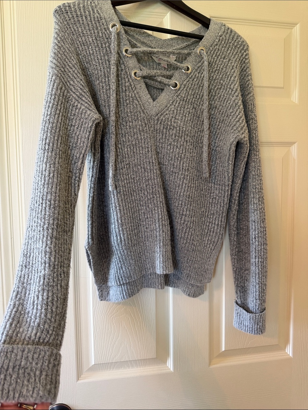 No Boundaries Gray Ribbed Lace-Up V-Neck Sweater